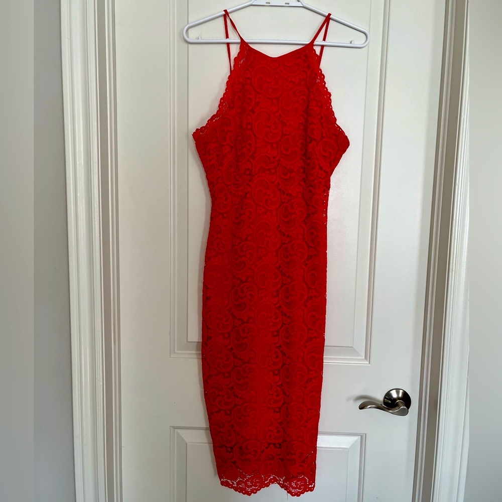 ANOTHER STORY gorgeous RED Lace Spaghetti Strap Lined BodyCon Dress size L